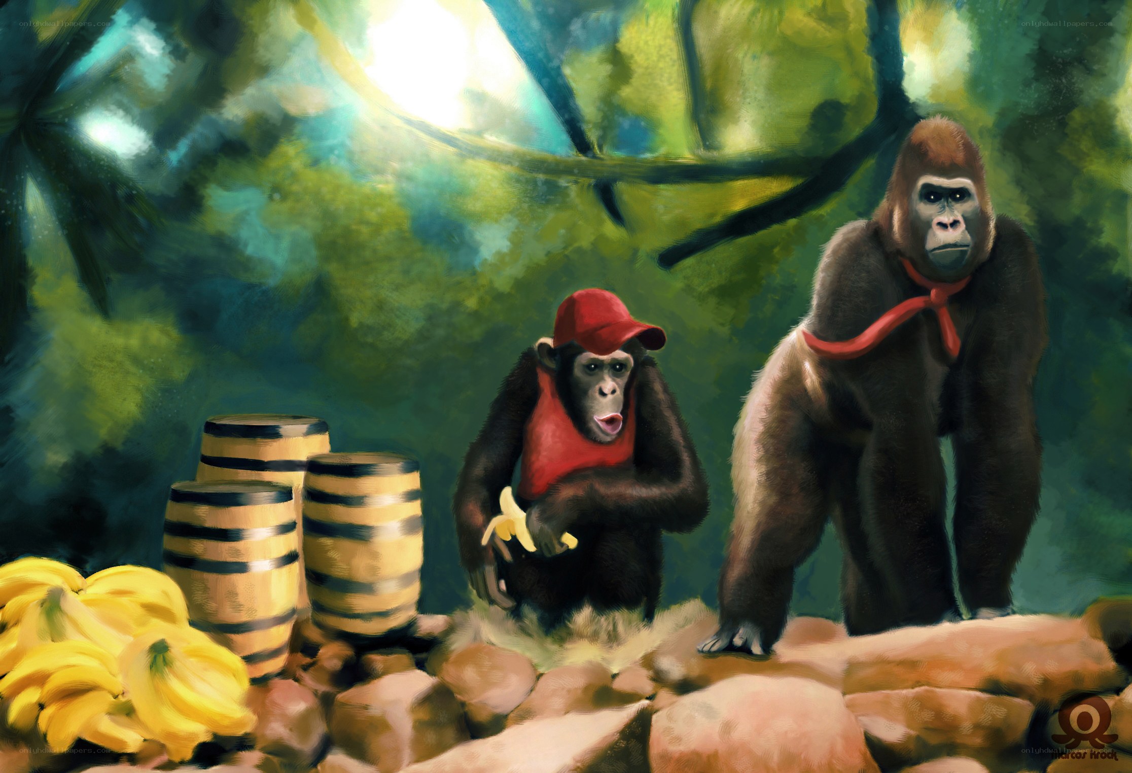 Chimpanzee and gorilla in jungle
