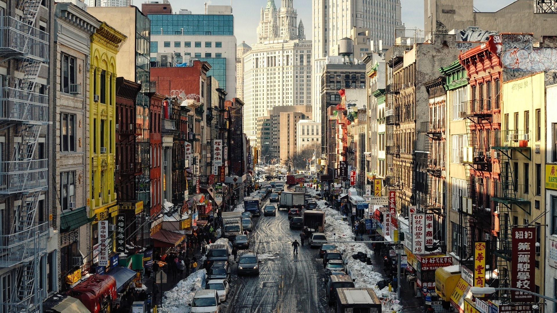 Chinatown street scene in winter