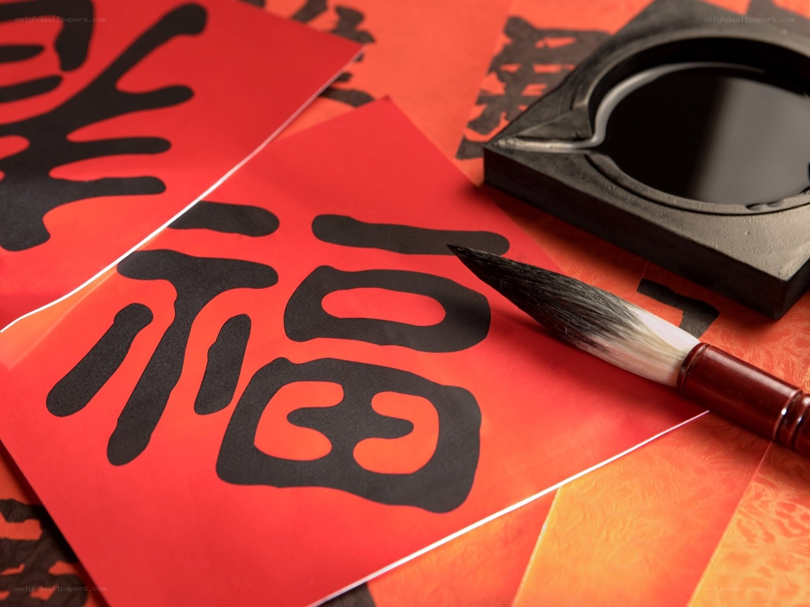 Chinese calligraphy with red paper