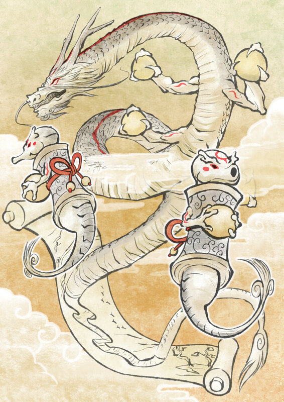 Chinese dragon with two creatures