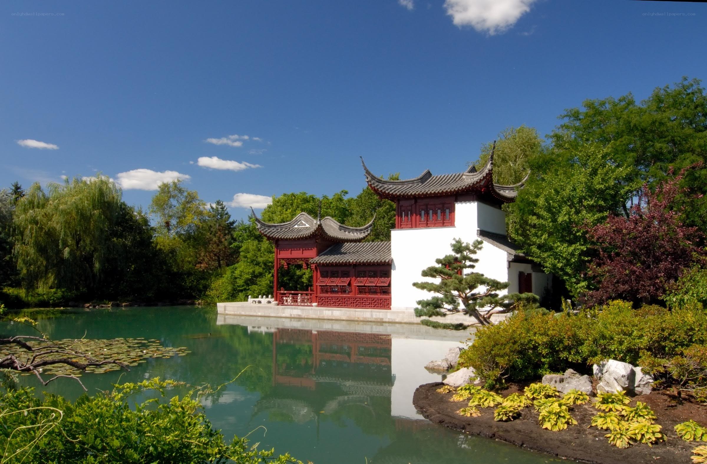 Chinese garden pavilion by lake