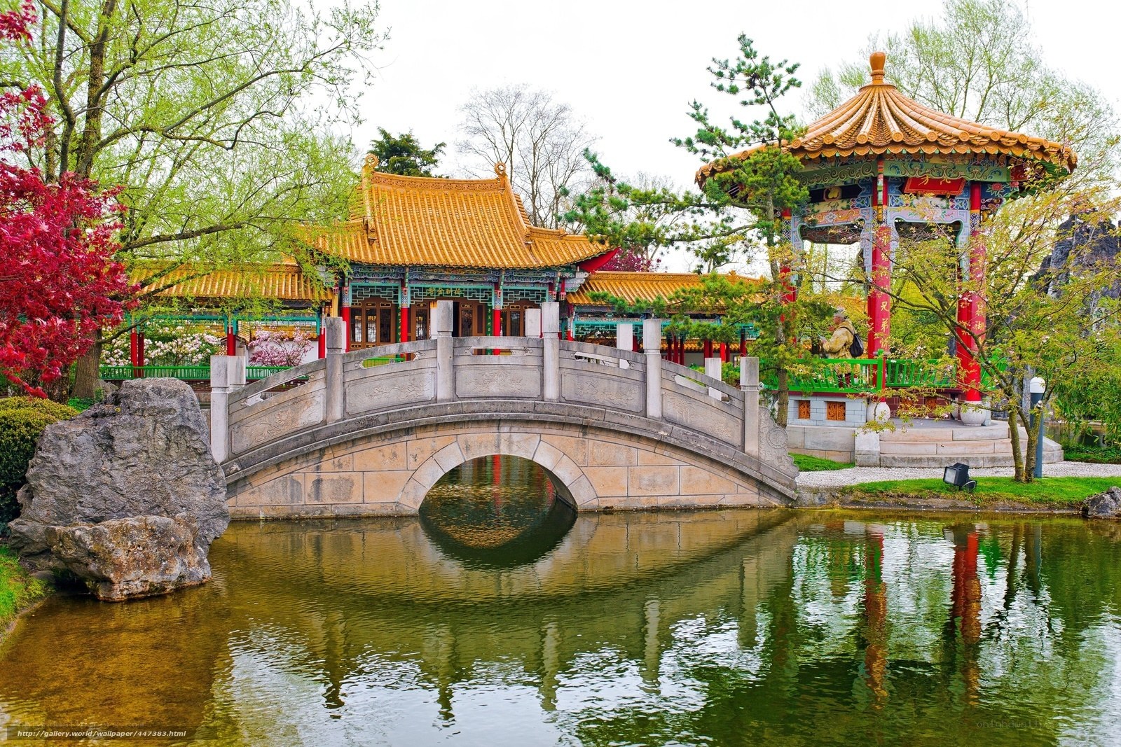 Chinese garden with bridge and pavilion