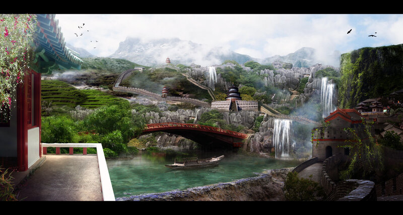 Chinese landscape with waterfall