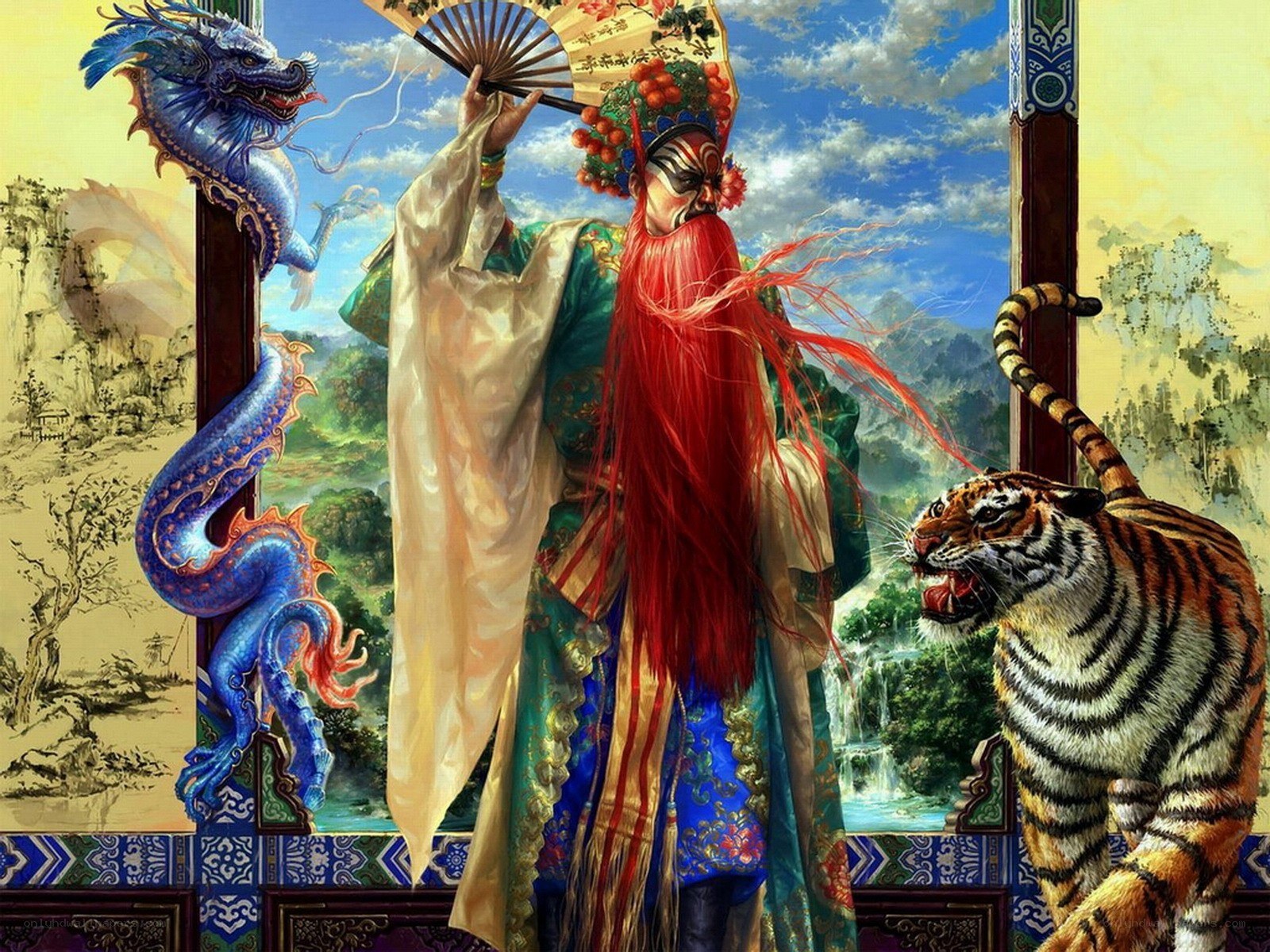 Chinese opera performer with dragon and tiger