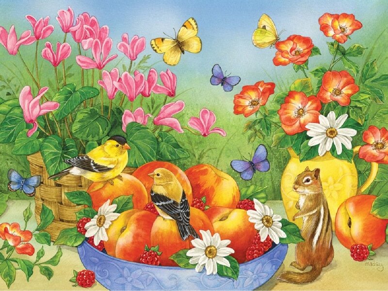 Chipmunk with Birds and Fruit