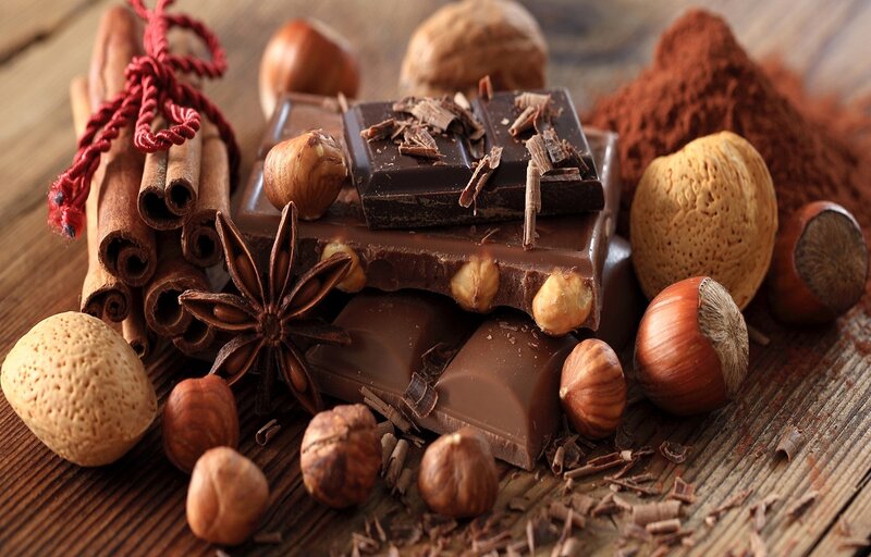 Chocolate and Nuts on Wood — Brown, Warm