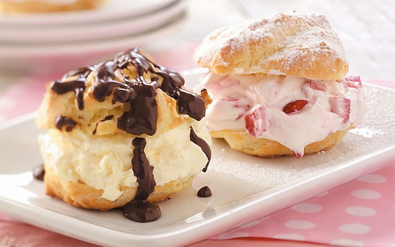 Chocolate and Strawberry Cream Puffs — White, Sweet, Photograph