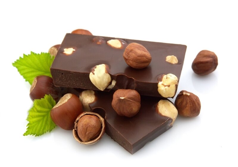 Chocolate Bar with Hazelnuts — Brown, Neutral, Photograph, Leaves