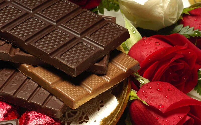 Chocolate Bars and Roses — Red, Romantic, Photograph, Flowers, Plate, Brown