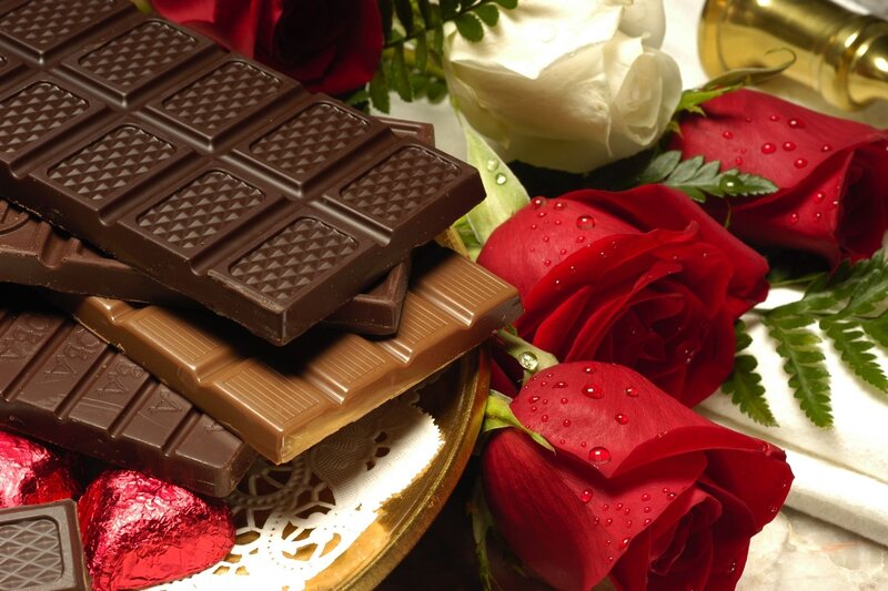 Chocolate Bars and Roses — Red, Romantic, Photograph, Flowers