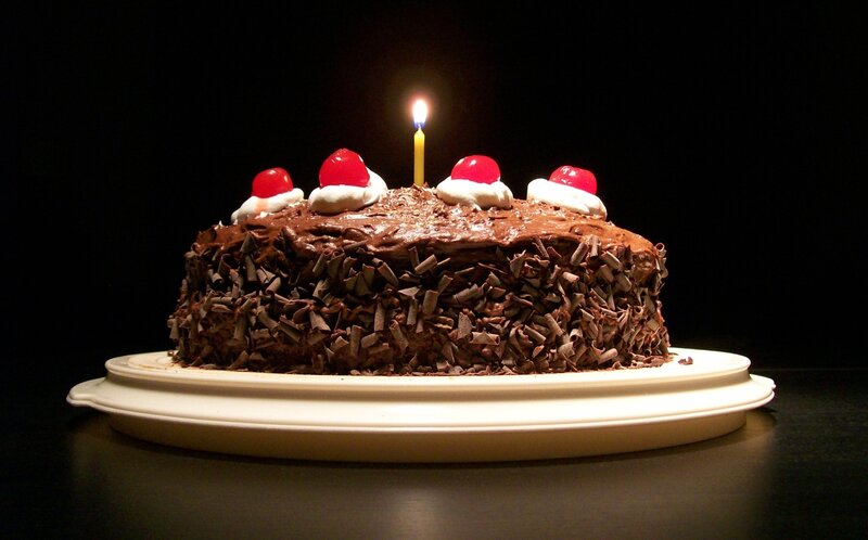 Chocolate Birthday Cake — Brown, Celebratory, Night, Photograph, Candle, Cherries
