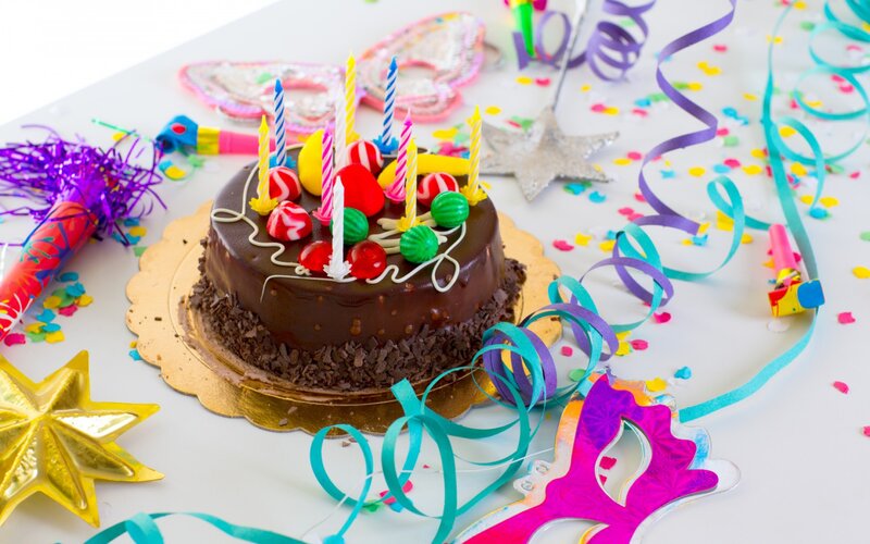 Chocolate Birthday Cake — Brown, Festive, Photograph, Candles, Confetti