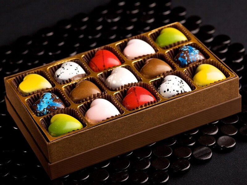 Chocolate Box with Heart-shaped Candies — Brown, Indulgent