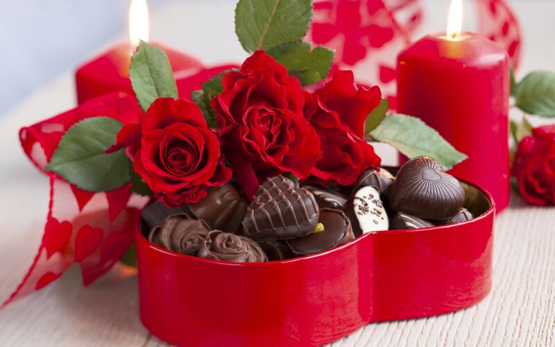 Chocolate Box with Roses — Red, Romantic, Photograph, Candles, Heart-shaped Box