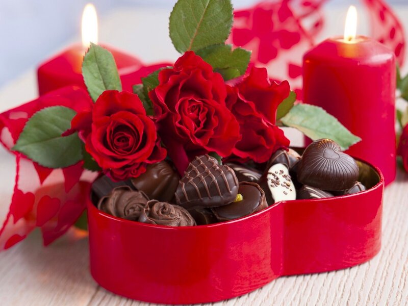 Chocolate Box with Roses — Red, Romantic, Photograph, Candles