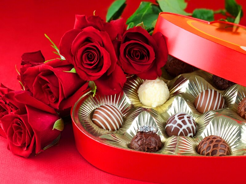 Chocolate Box with Roses — Red, Romantic, Photograph, Chocolates, Heart-shaped Box