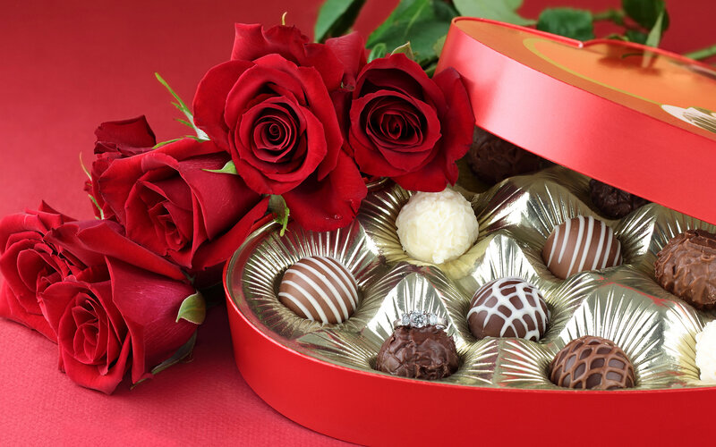 Chocolate Box with Roses — Red, Romantic, Photograph, Chocolates