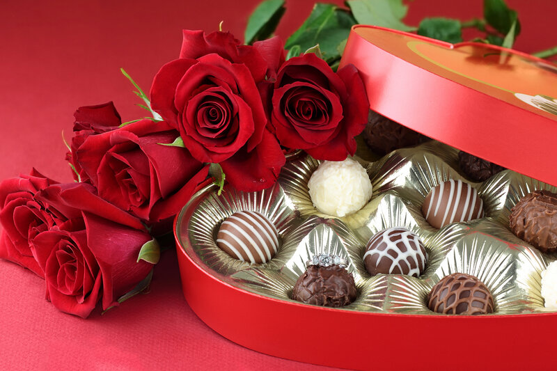Chocolate Box with Roses — Red, Romantic, Photograph