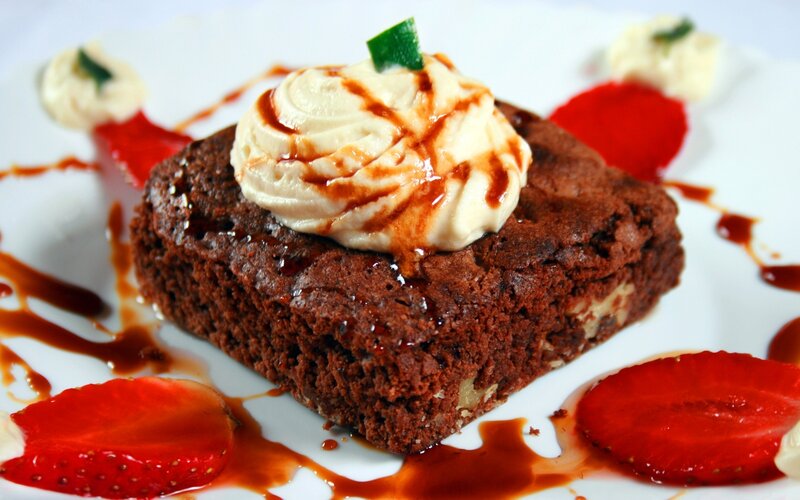 Chocolate Brownie Dessert — Brown, Indulgent, Photograph, Whipped Cream