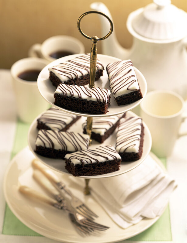 Chocolate brownies on a tiered stand