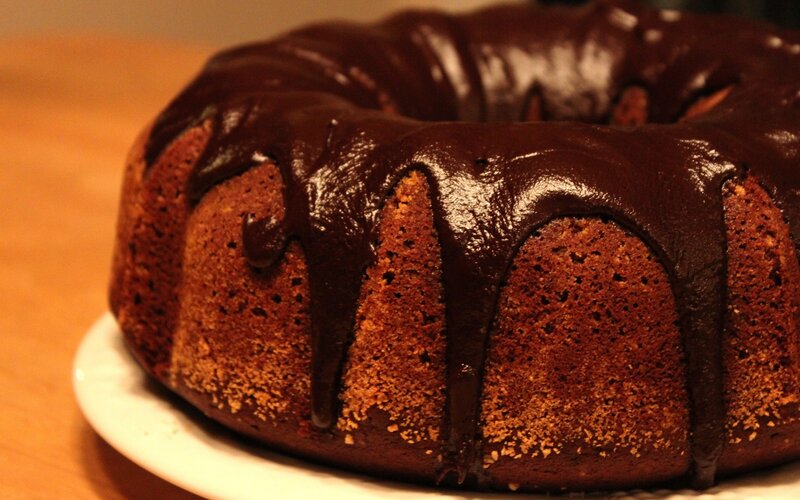 Chocolate Bundt Cake — Brown, Warm, Photograph, Plate, Glaze, Wooden Surface