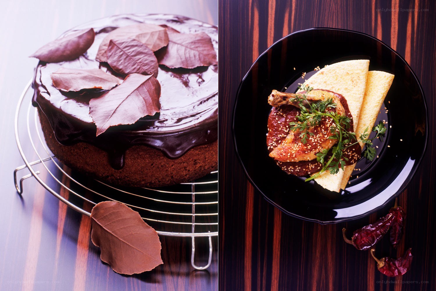 Chocolate cake and chicken dish