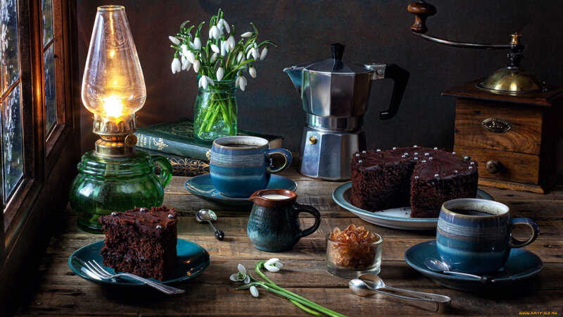 Chocolate Cake and Coffee Setup