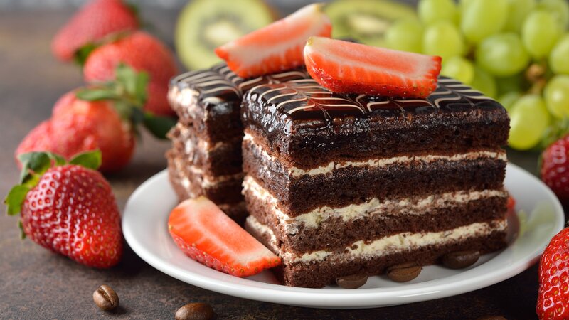 Chocolate Cake Slice — Brown, Appetizing, Photograph, Strawberries