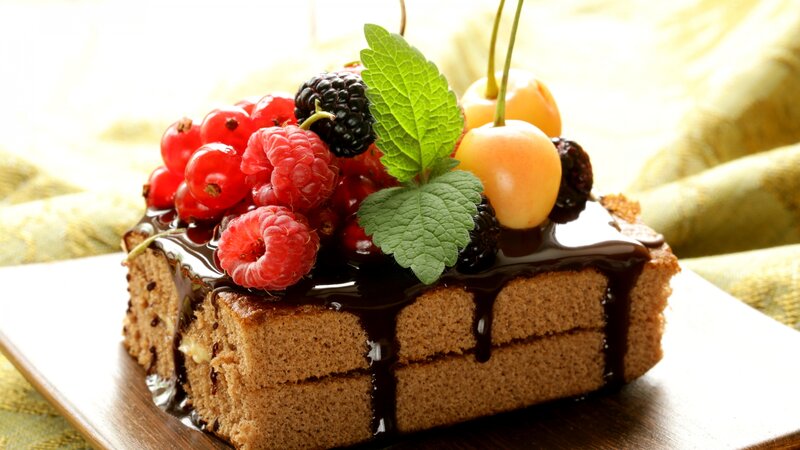 Chocolate Cake with Berries — Brown, Appetizing, Photograph, Mint Leaf, Cherry