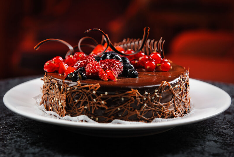 Chocolate Cake with Berries — Brown, Rich, Photograph