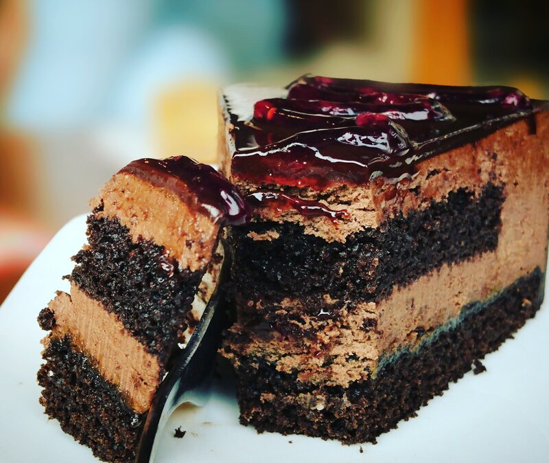 chocolate cake with berry sauce