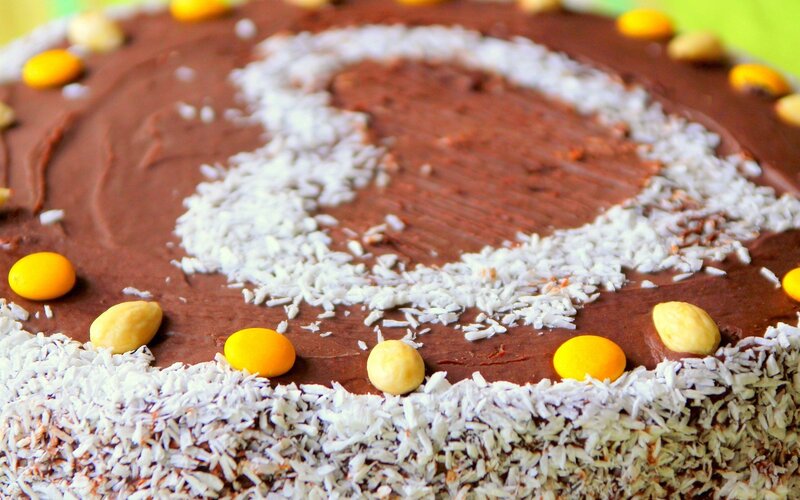 chocolate cake with coconut and candies