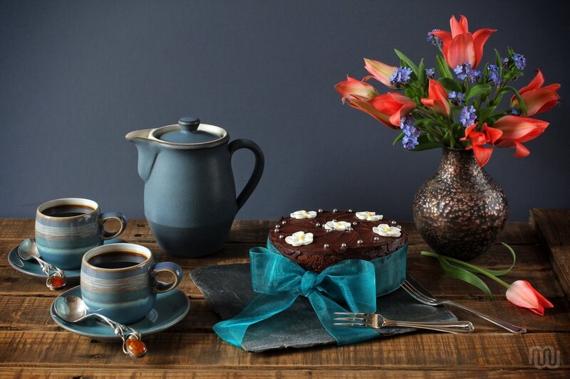 Chocolate Cake with Flowers — Brown, Serene, Photograph