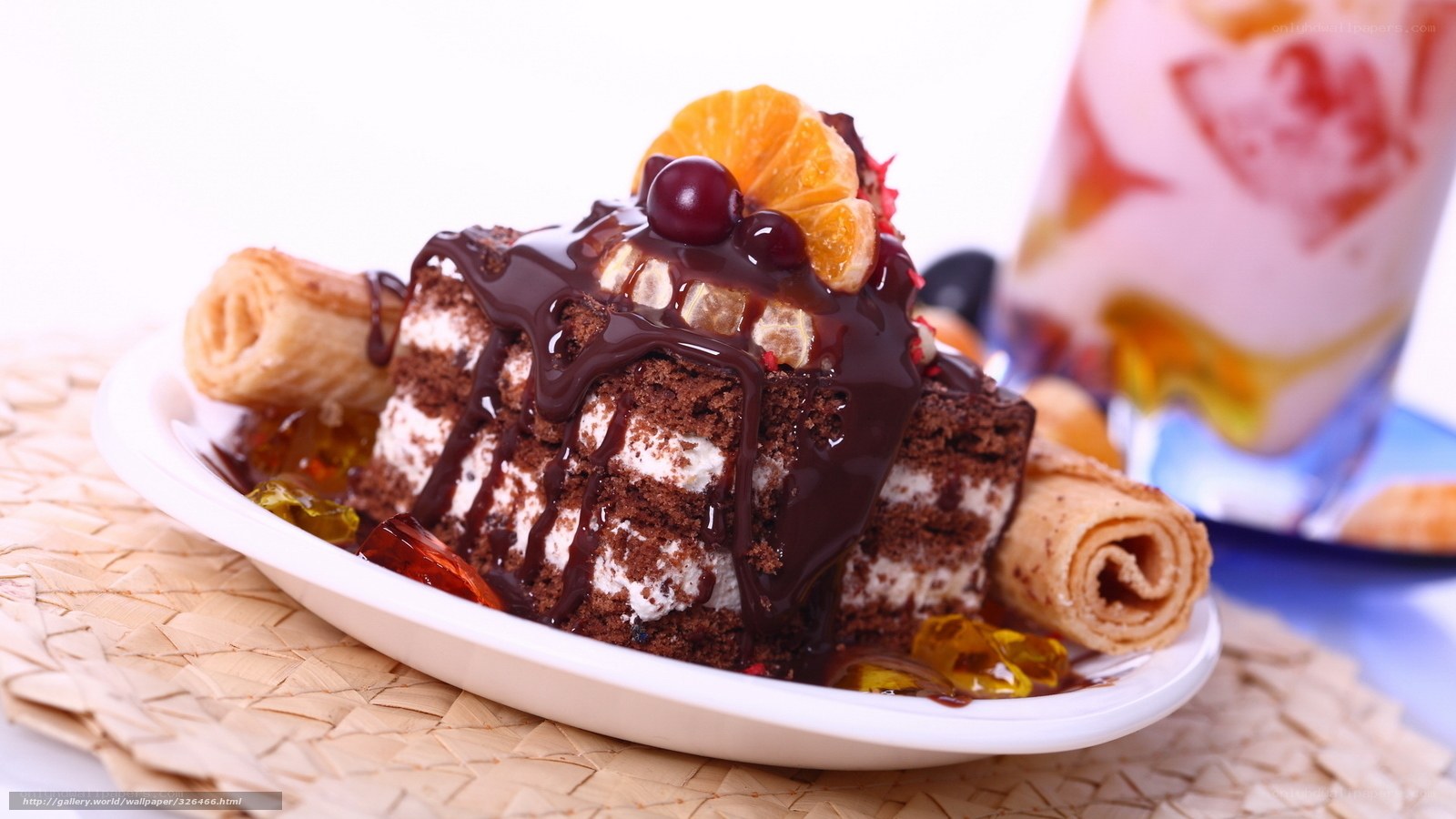 chocolate cake with fruit and sauce