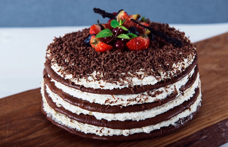 Chocolate Cake with Fruit — Brown, Appetizing