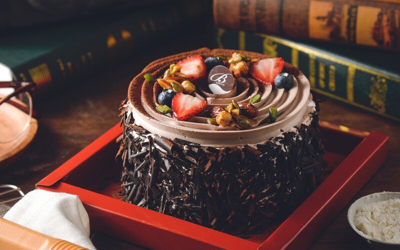 Chocolate Cake with Fruit — Brown, Dramatic