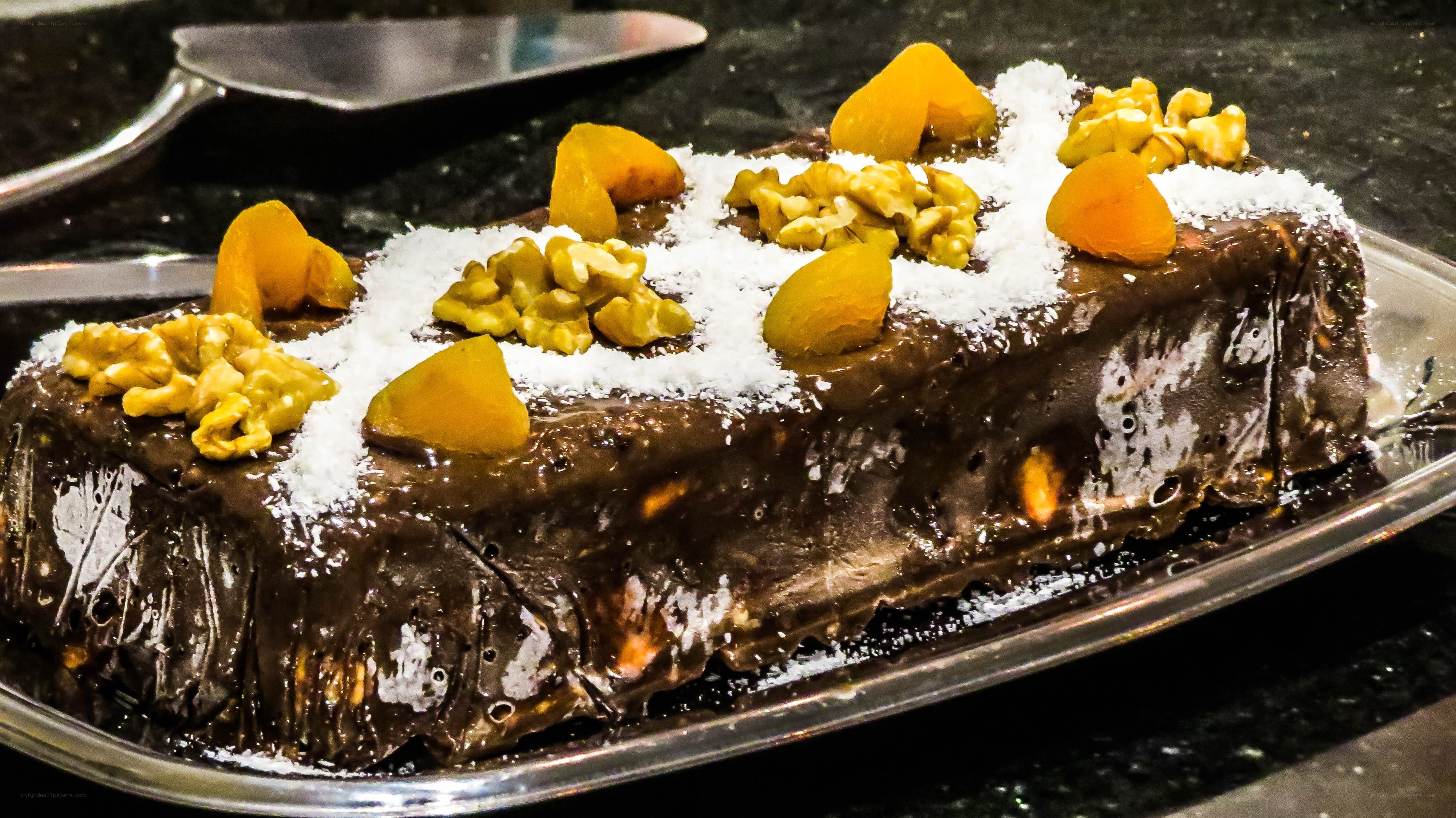 chocolate cake with nuts and fruit