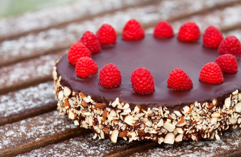Chocolate Cake with Raspberries — Brown, Appetizing, Photograph, Almonds