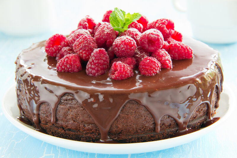 Chocolate Cake with Raspberries — Brown, Appetizing, Photograph, Mint