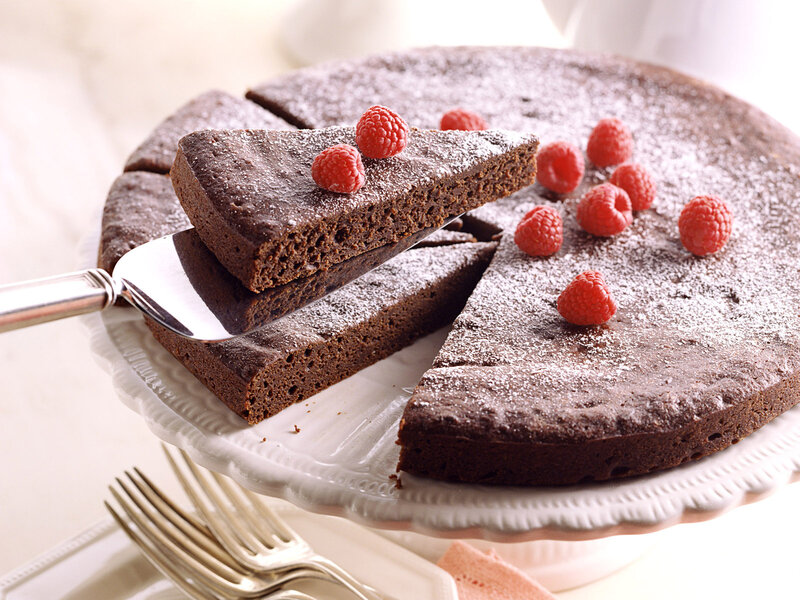 Chocolate Cake with Raspberries — Brown, Appetizing, Photograph, Powdered Sugar
