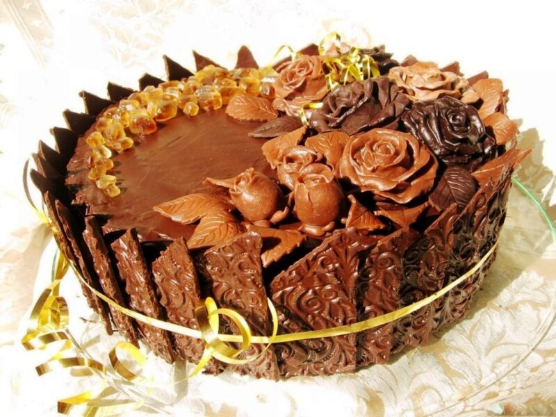 Chocolate Cake with Roses — Brown, Festive, Photograph