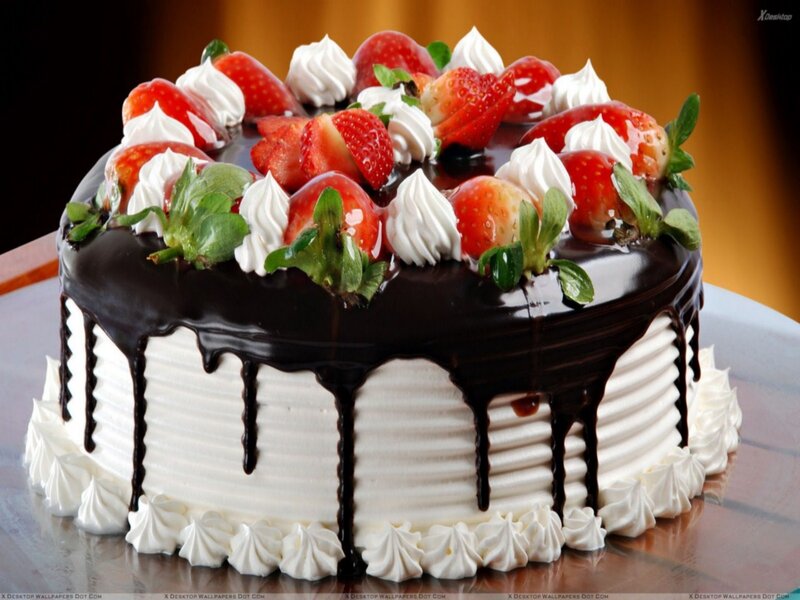 Chocolate Cake with Strawberries — Brown, Appetizing, Photograph, Whipped Cream, Mint Leaves