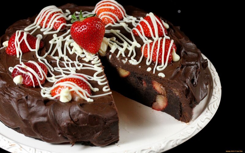 Chocolate Cake with Strawberries — Brown, Appetizing, Photograph, White Chocolate Drizzle
