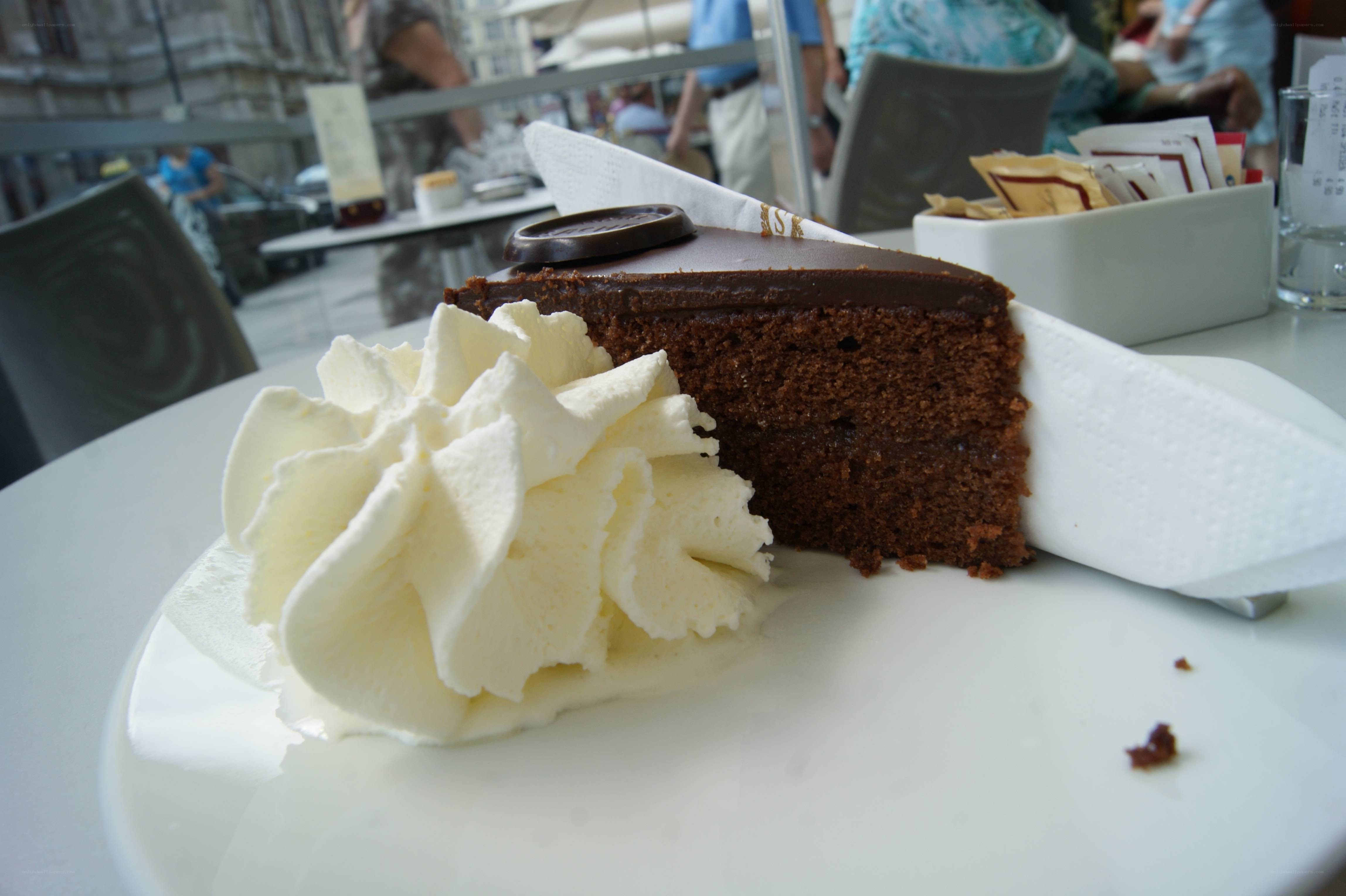 Chocolate cake with whipped cream