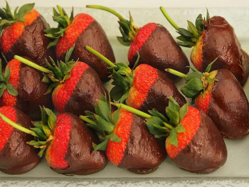 Chocolate-covered Strawberries — Red, Appetizing, Photograph, Chocolate, Green Stems, Brown