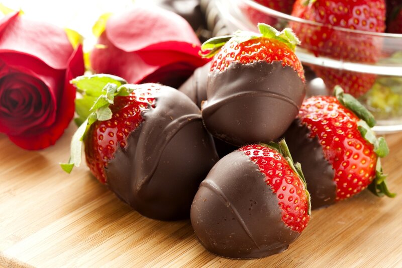 Chocolate-covered Strawberries — Red, Romantic, Photograph, Roses