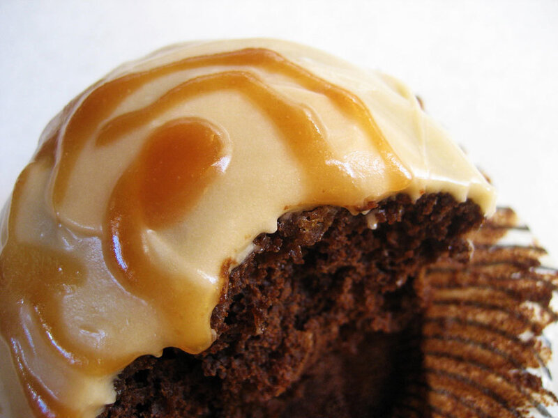 chocolate cupcake with caramel glaze