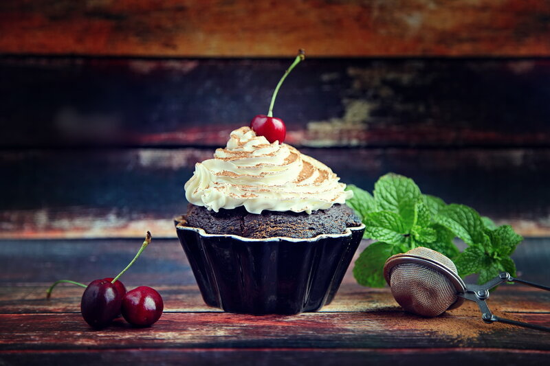 Chocolate Cupcake with Cherry — Brown, Dramatic