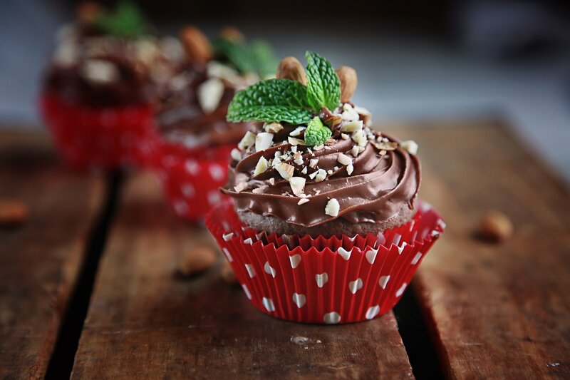 Chocolate Cupcakes — Brown, Appetizing, Photograph, Mint Leaves