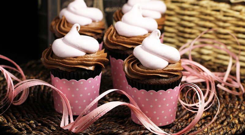 Chocolate Cupcakes — Brown, Festive, Photograph, Ribbons, Wicker Basket